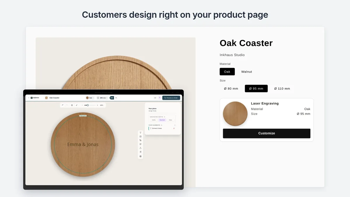 Produktseite eines Shops mit Produktfoto, Material und Knopf „Customize“; darüber der geöffnete Etchify-Konfigurator mit der Gravur einer Kundin auf einem Holzuntersetzer